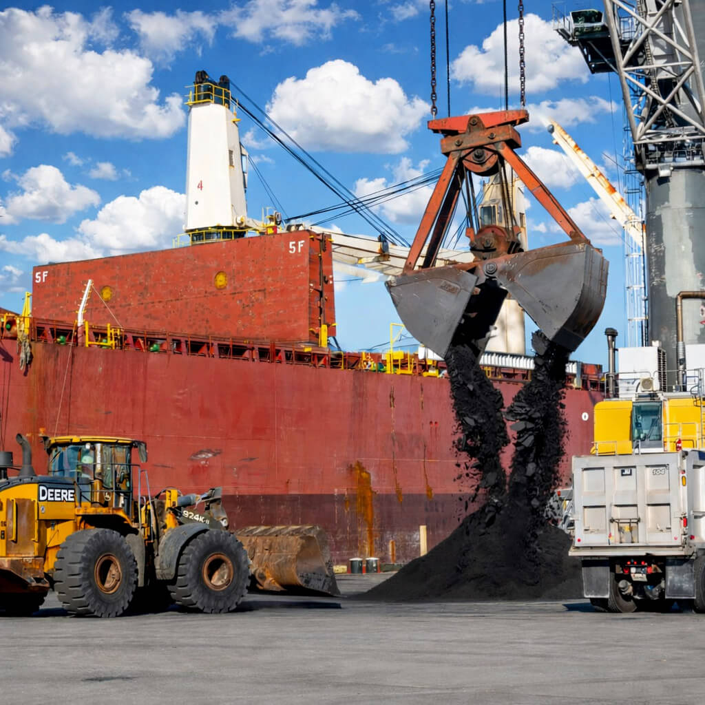 crane on pier unloading bulk cargo from ship