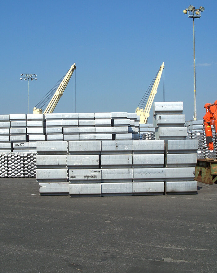 stacked metal slabs on pier